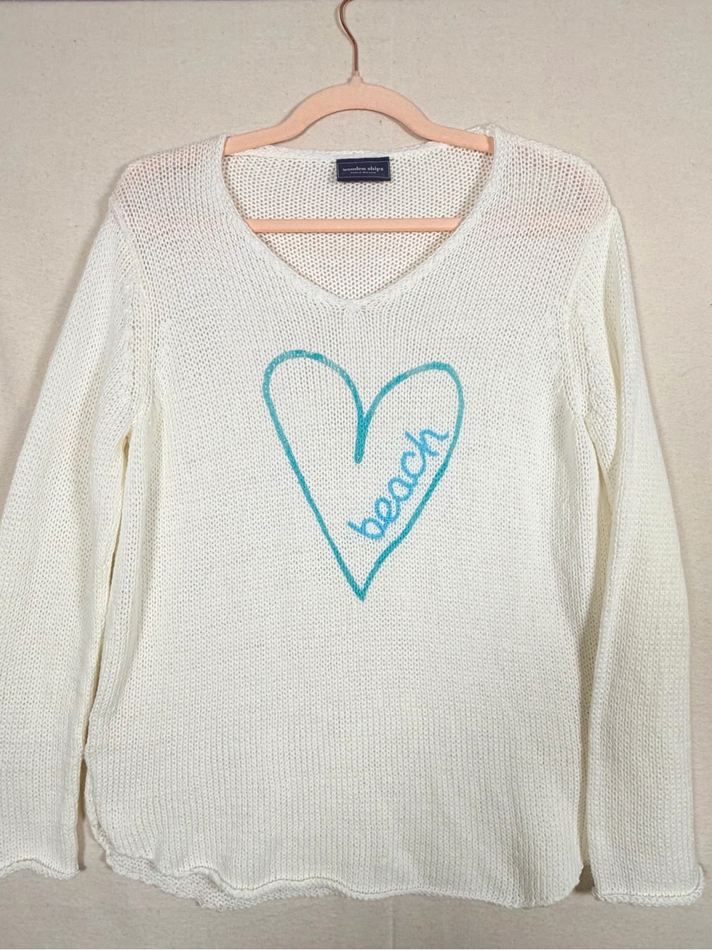 Wooden Ships Cream V-Neck Sweater with Turquoise Heart